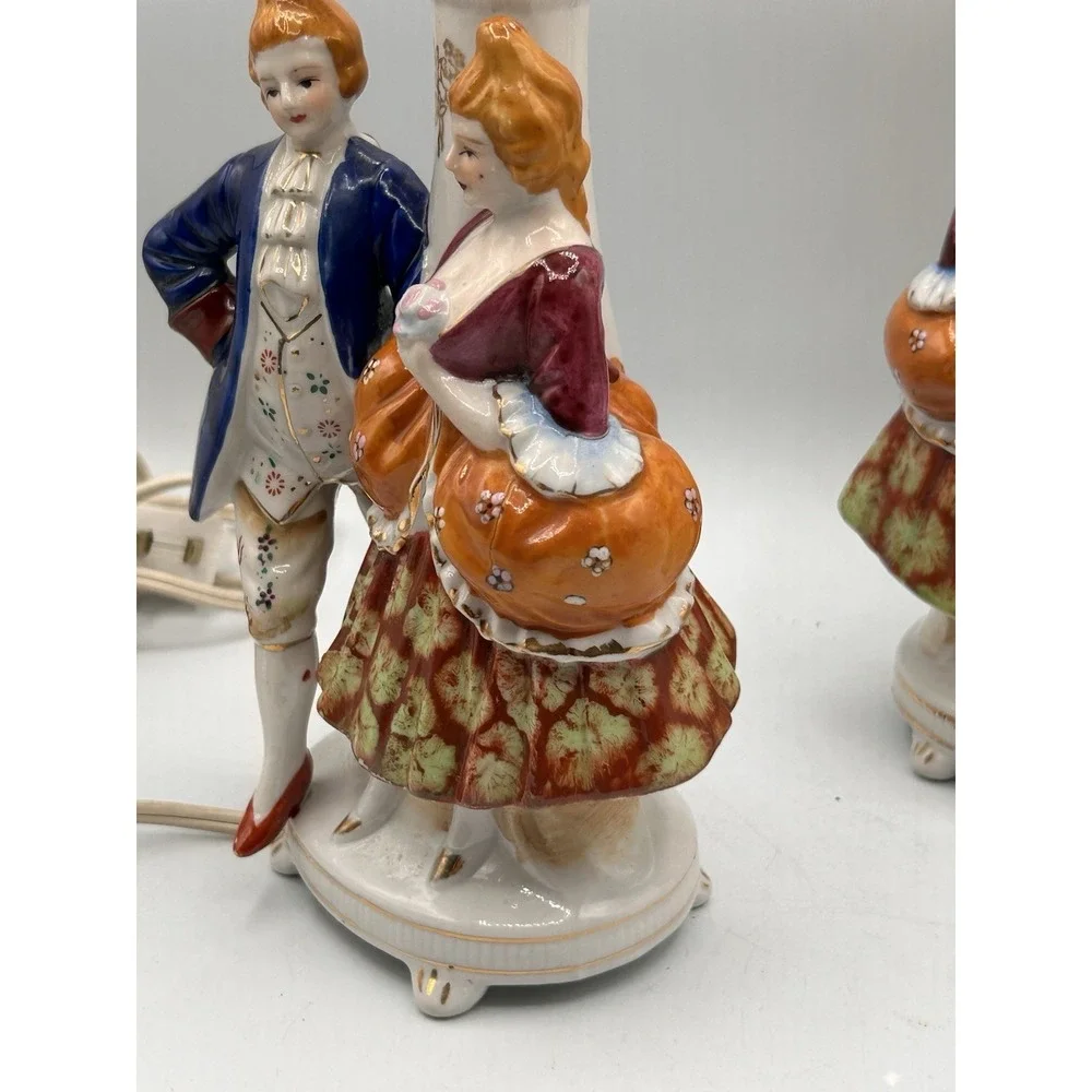 PAIR VINTAGE VICTORIAN‎ COLONIAL COUPLE FUGURINE LAMP HANDPAINTED NIPPON JAPAN